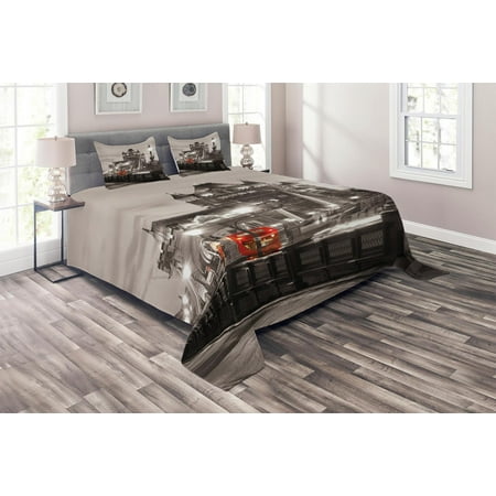 Seashore Themed Bedspreads Black and White Coverlet Set, London Theme Tower Bridge in the Famous City Urban Life Scenery Europe, Decorative Quilted Bedspread Set with Pillow Shams Included, Taupe Grey Red, by Ambesonne ()