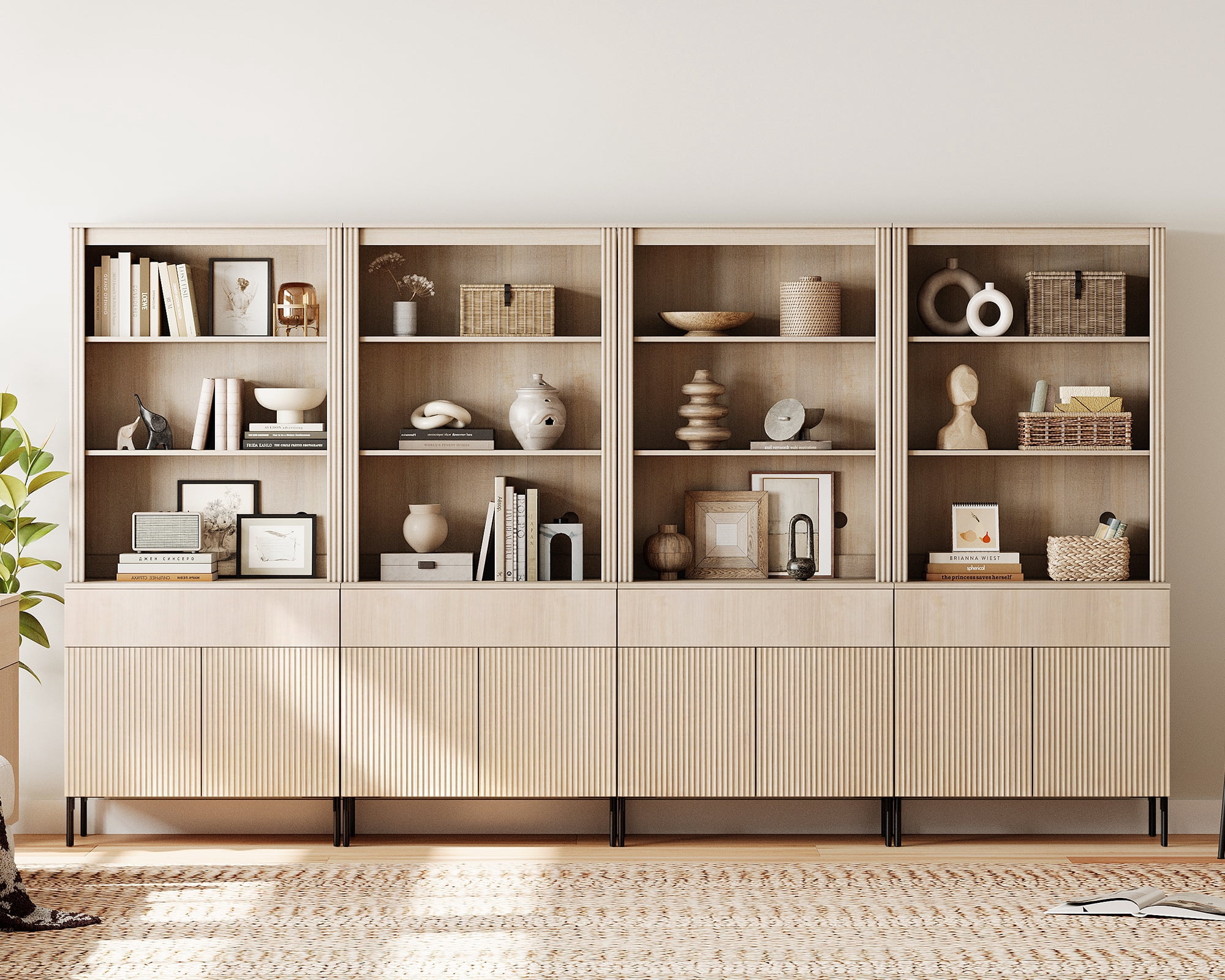 71.6"H X 126"W Set Of 4 Bookcase with Storage Cabinets, 20 Tier Bookshelf with Fluted Doors and Drawers, Large Modern Display Cabinet For Living Room Bedroom Home Office Kitchen