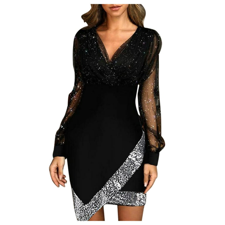 Lopecy-Sta Women's Solid Color Sequins Long Sleeve A-Line Party Dress  Savings Clearance Womens Dresses summer dresses for women Black
