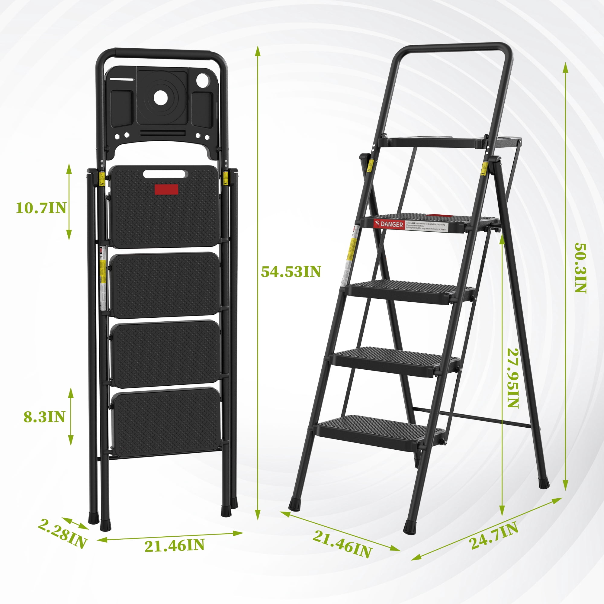 LevLad 4 Step Ladder with Tool Tray, Folding Step Stool, Wide Anti-Slip Pedal and Anti-Slip Feet, Steel Ladder for Home Improvement, Black