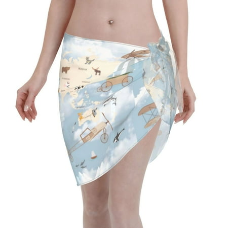 Qekee Animals Travel World Map Women s Short Sarongs Cover Ups Sheer Bikini Wraps for Swimwear
