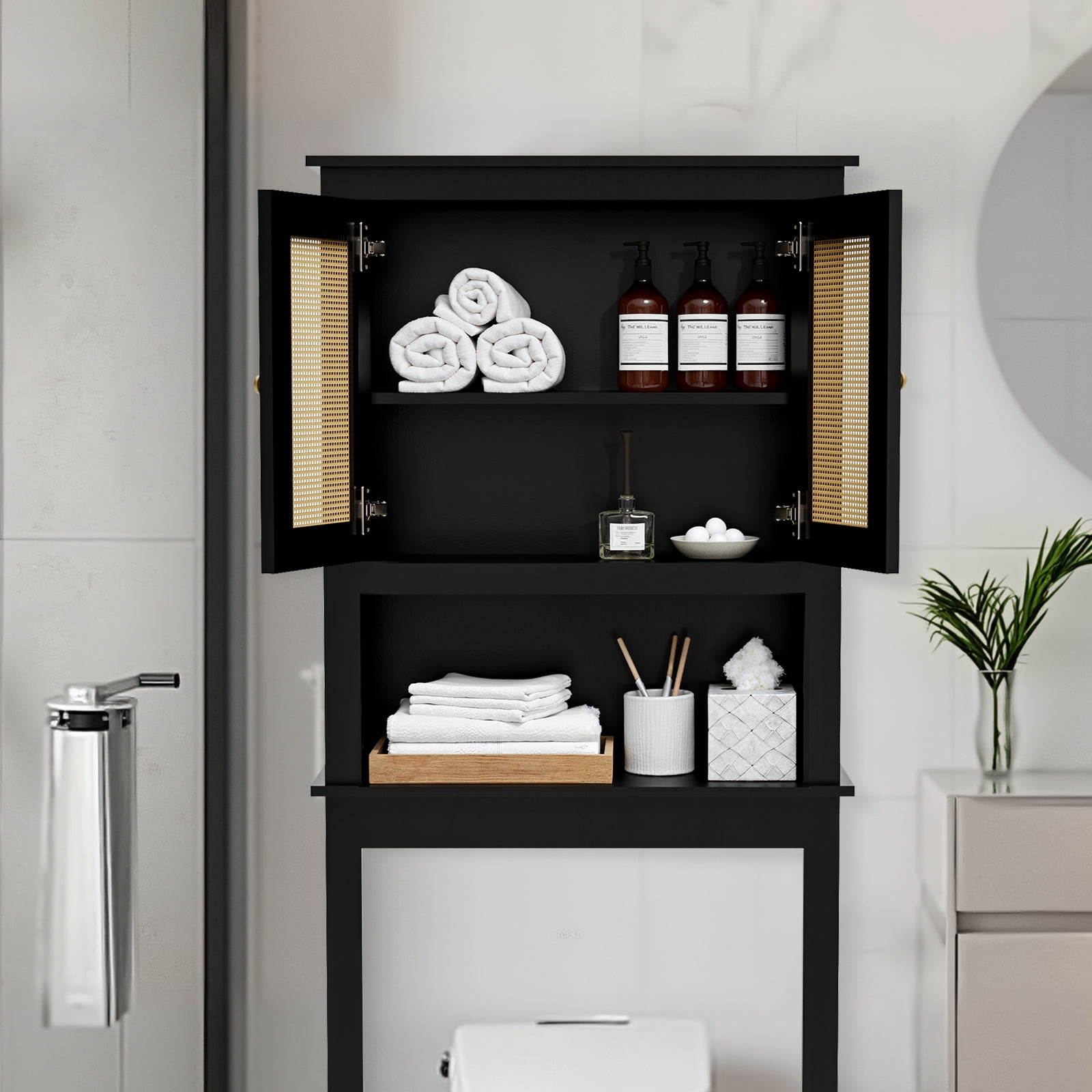 Over The Toilet Storage Cabinet, Behind Toilet Bathroom Organizer with Adjustable Shelves, Above Toilet Organizers with Rattan Door, Space Saver for Restroom, Bathroom, Laundry,Black