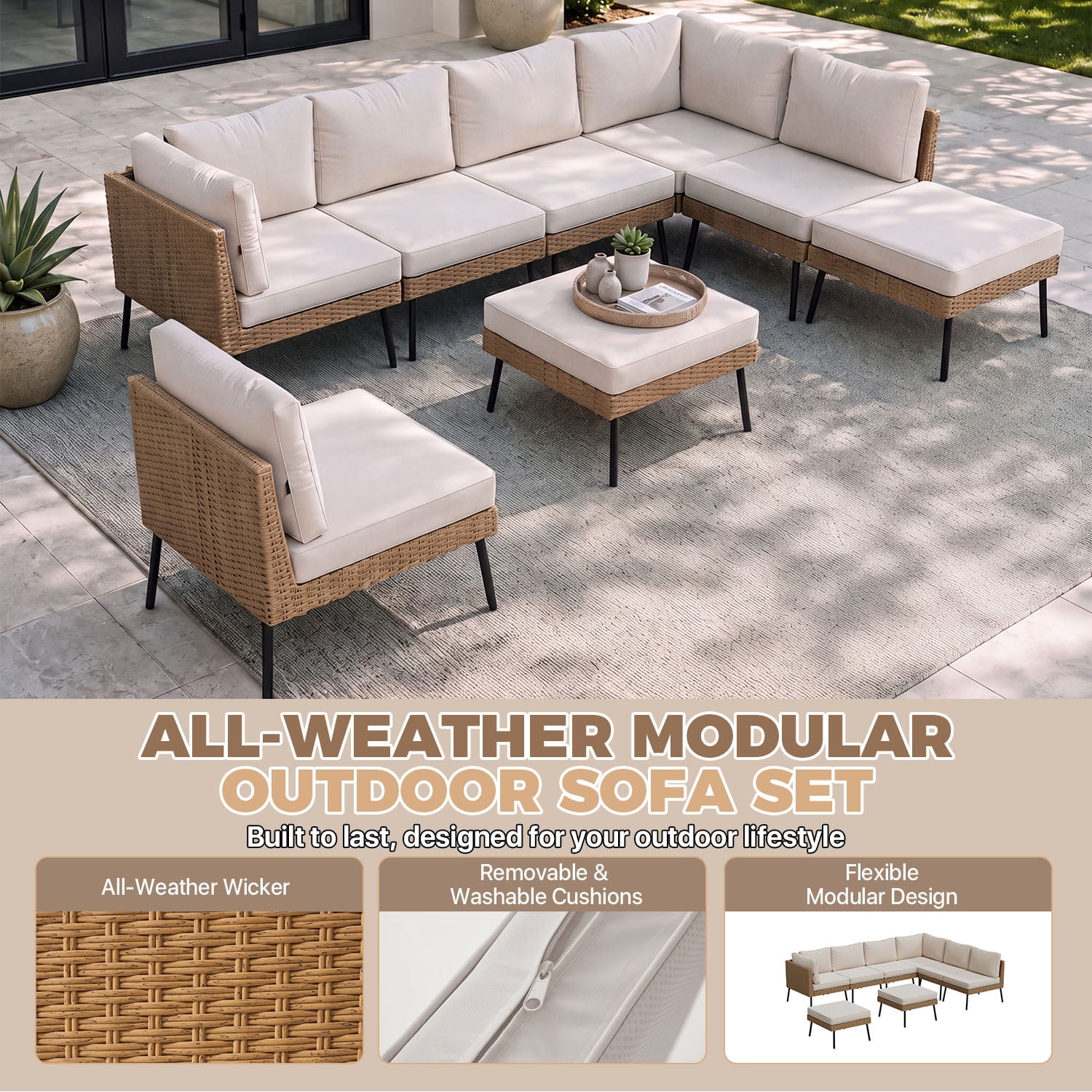BaPiPro 8-Piece Modular Outdoor PE Rattan Sectional Sofa Set, All Weather Patio Furniture with Removable 4" High Density Cushions & 2 Multifunctional Ottomans for Backyard Garden Courtyard, Beige