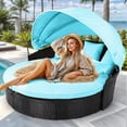 thumbnail image 4 of ModFusion Outdoor Furniture Round Daybed Set with Retractable Canopy, Clamshell Wicker Sunbed Sectional Seat, Black Rattan & Turquoise Cushion, 4 of 9