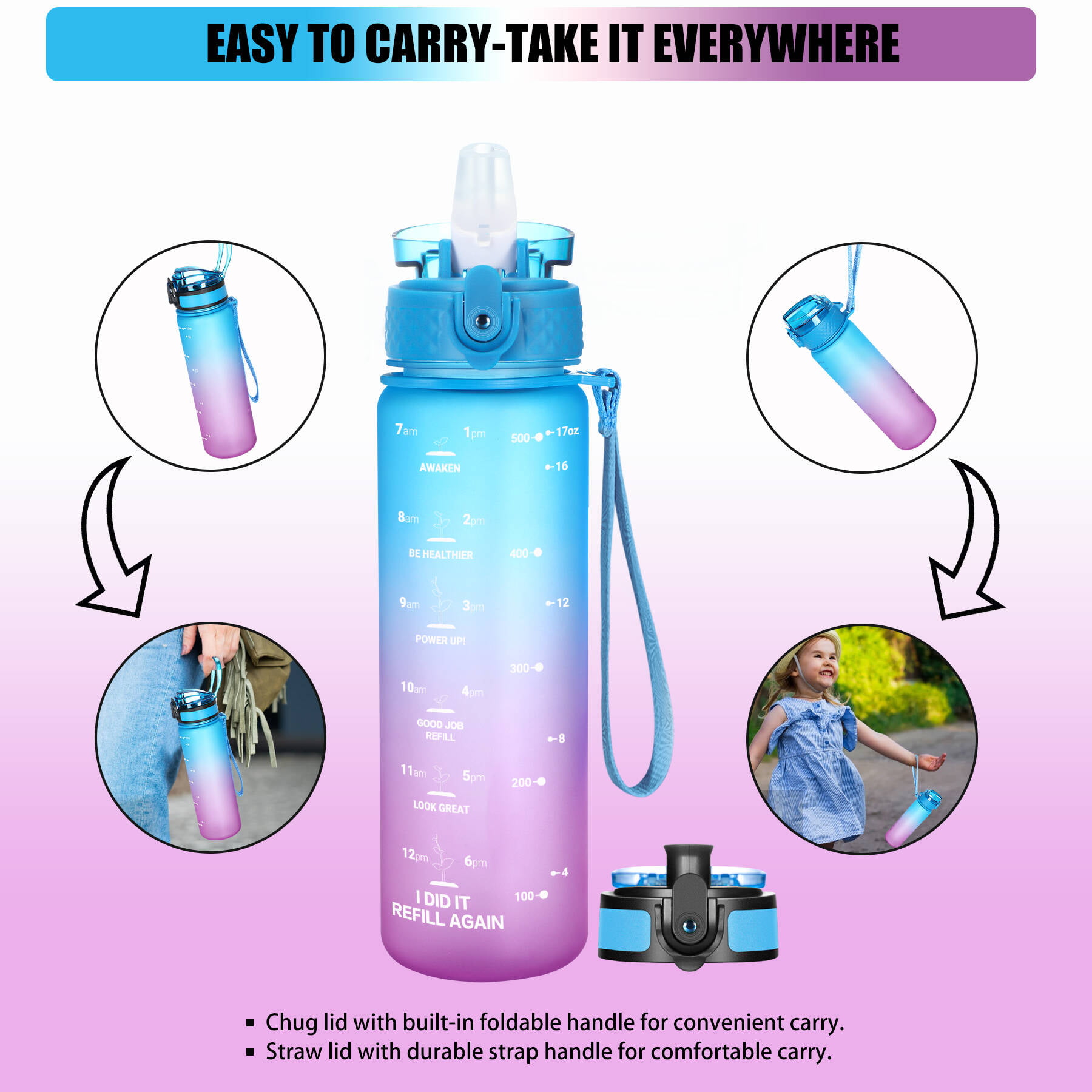 Runninglion Kids Water Bottle with Straw 15.5 oz Leak Proof BPA