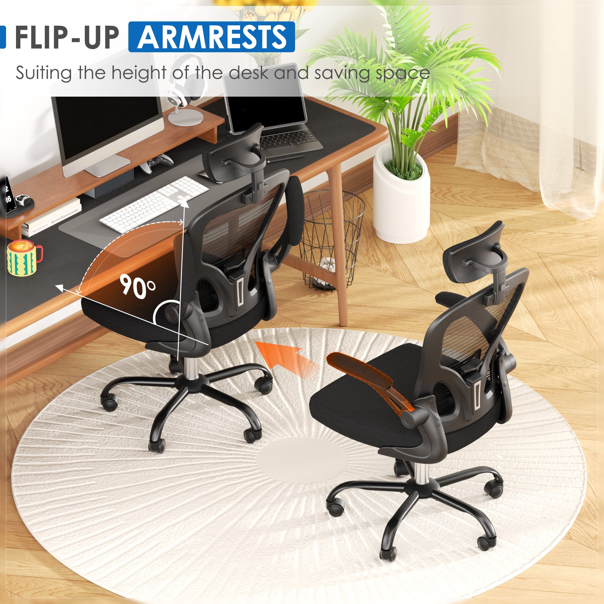 SUNCROWN Ergonomic Mesh Office Chair with Adjustable Headrest, High-Back Breathable Desk Chair with Flip-Up Arms, Lumbar Support, Comfortable Fabric Seat for Home Office, Black