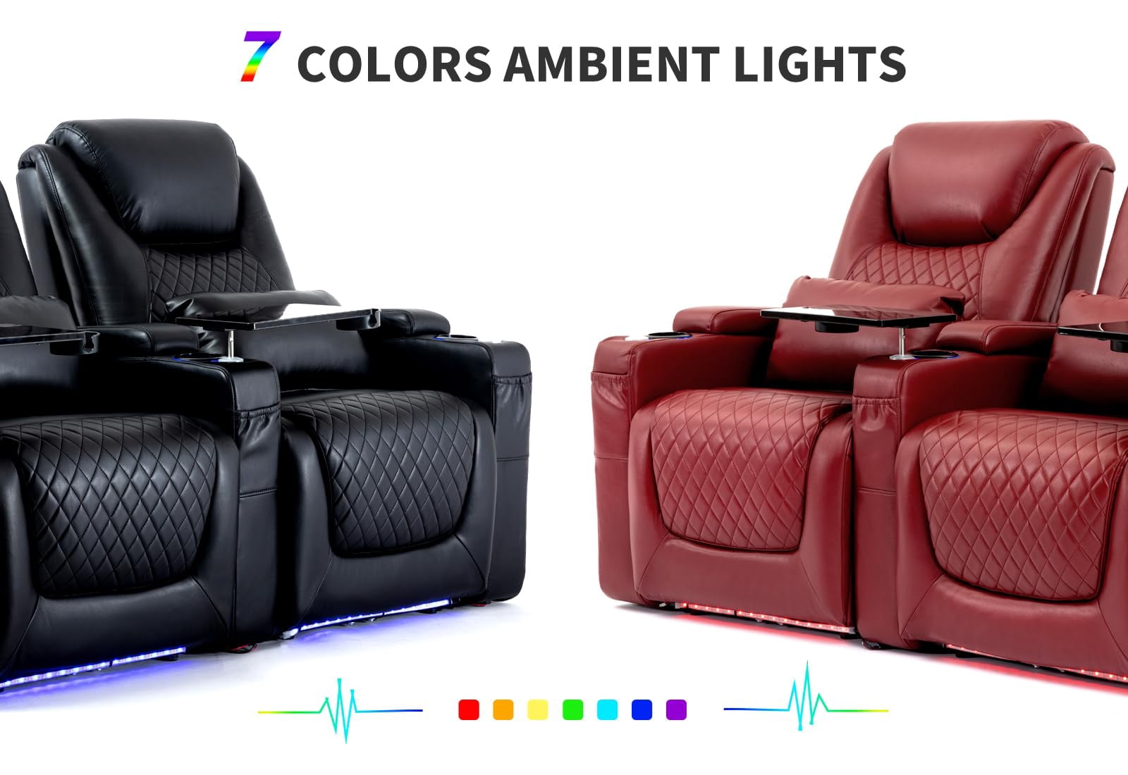 Home Theater Seating Seats, Movie Theater Chairs, Modern Recliner with Cup Holder 7 Colors Ambient Lighting ( Black)
