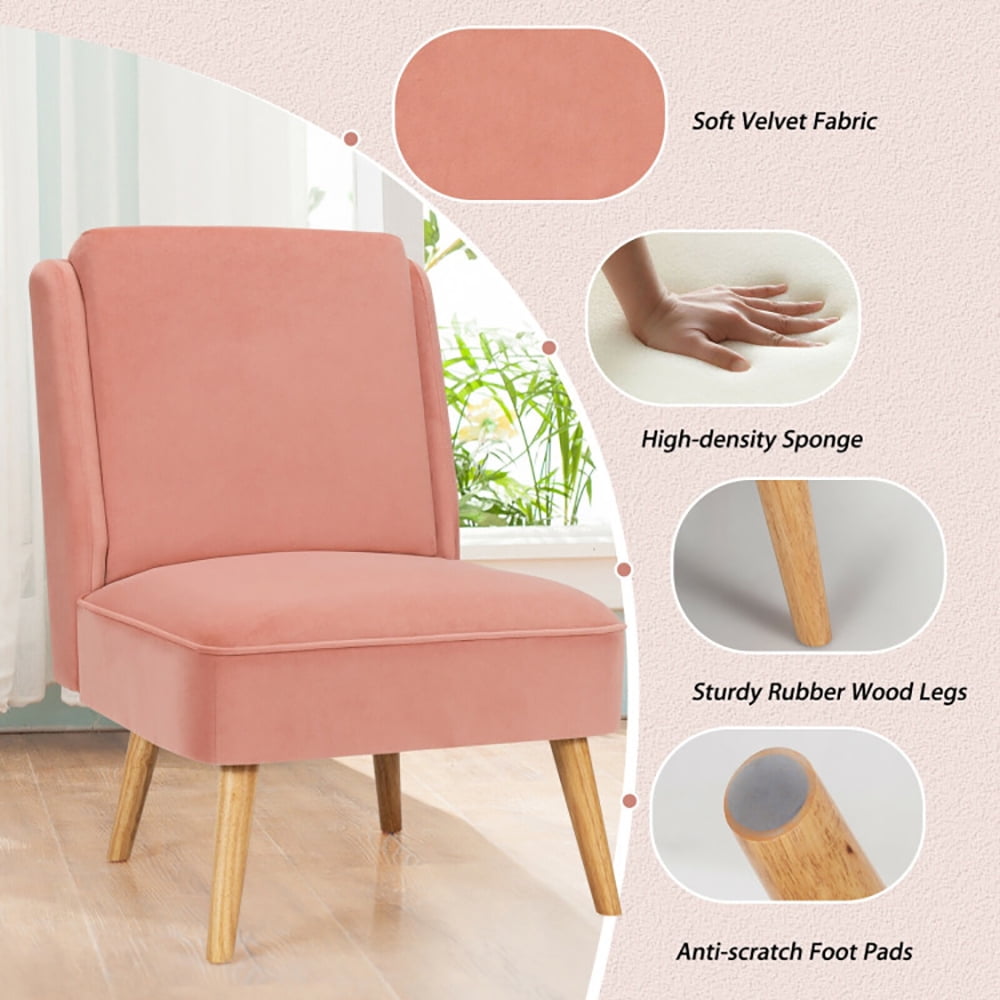 Finihen Velvet Accent Chair, Velvet Accent Armless Side Chair with Rubber Wood Legs, for Living Room, Bedroom, Pink