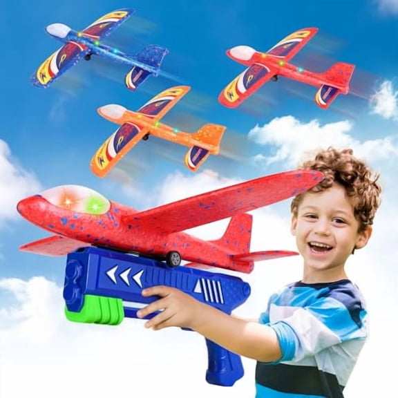 Airplane Launcher Toys,3 Pack 13.2'' LED Foam Glider Catapult Plane Toy for Boys,2 Flight Modes Outdoor Flying Toys Birthday Gifts for Boys Girls 3 4 5 6 7 8 9 10 11 12 Year Old
