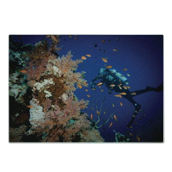 Diver Cutting Board, Underwater Shot of Tropical Fish and Coral Reef Sea Plantation in the Red Sea, Decorative Tempered Glass Cutting and Serving Board, in 3 Sizes, by Ambesonne