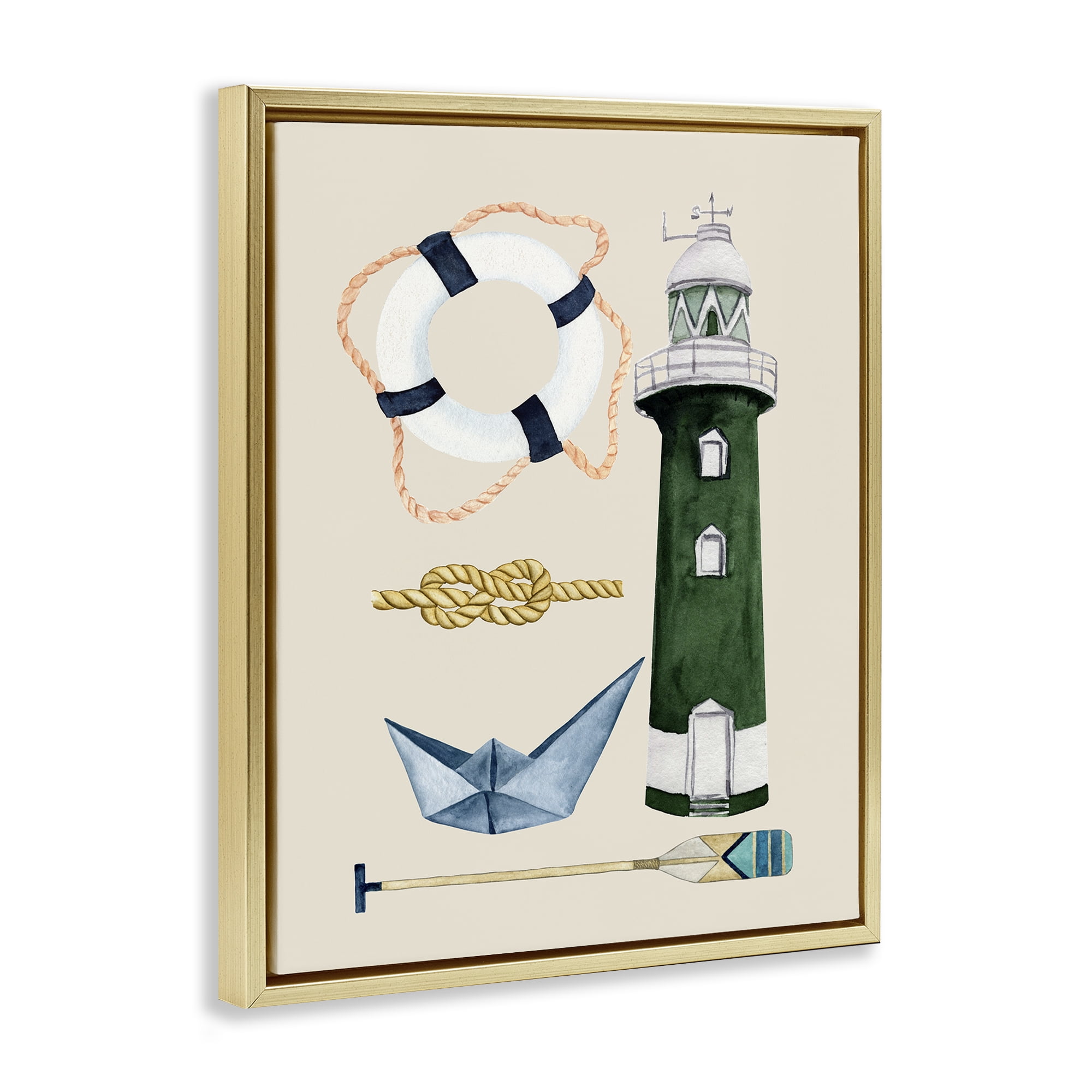 Stupell Industries Maritime Nautical Items Nautical & Beach Painting Gold Floater Framed Canvas Art Print Wall Art, 17 x 21
