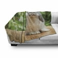 thumbnail image 3 of Bunny Soft Flannel Fleece Blanket, Photo of a Holland Lop Rabbit Standing on a Wooden Board Green Plants at Background, Cozy Plush for Indoor and Outdoor Use, 60" x 80", Multicolor, by Ambesonne, 3 of 6
