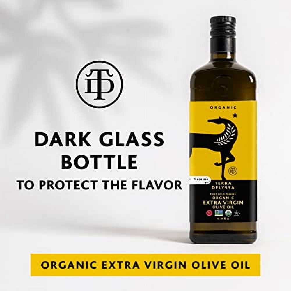 Terra Delyssa First Cold Pressed Organic Extra Virgin Olive Oil, Single Sourced, 1 L (34 fl. oz) Dark Glass Bottle - 1 Pack, Non-GMO, Naturally Rich in Antioxidants and Polyphenols