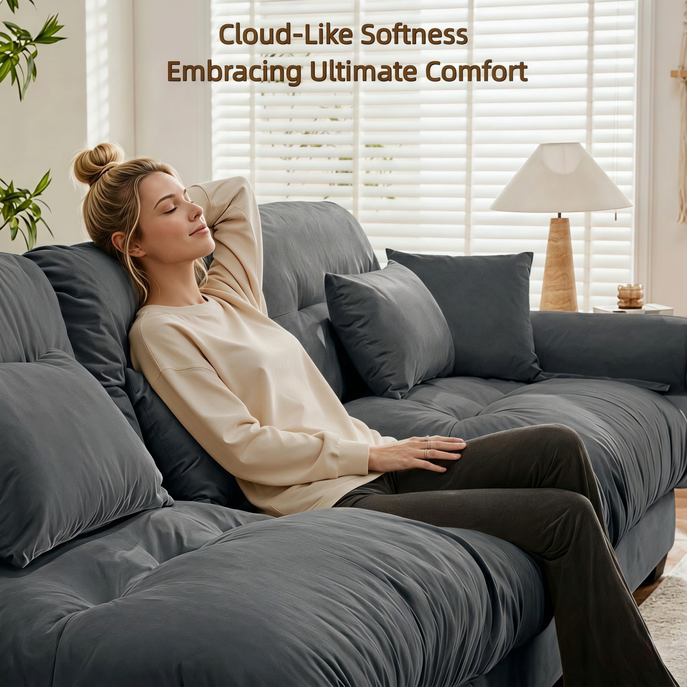 Amuille 130" Modular Sectional Sofa Velvet L Shaped Cloud Couch with Movable Ottomans, Deep Seat Couch for Living Room, with Pillows, Gray