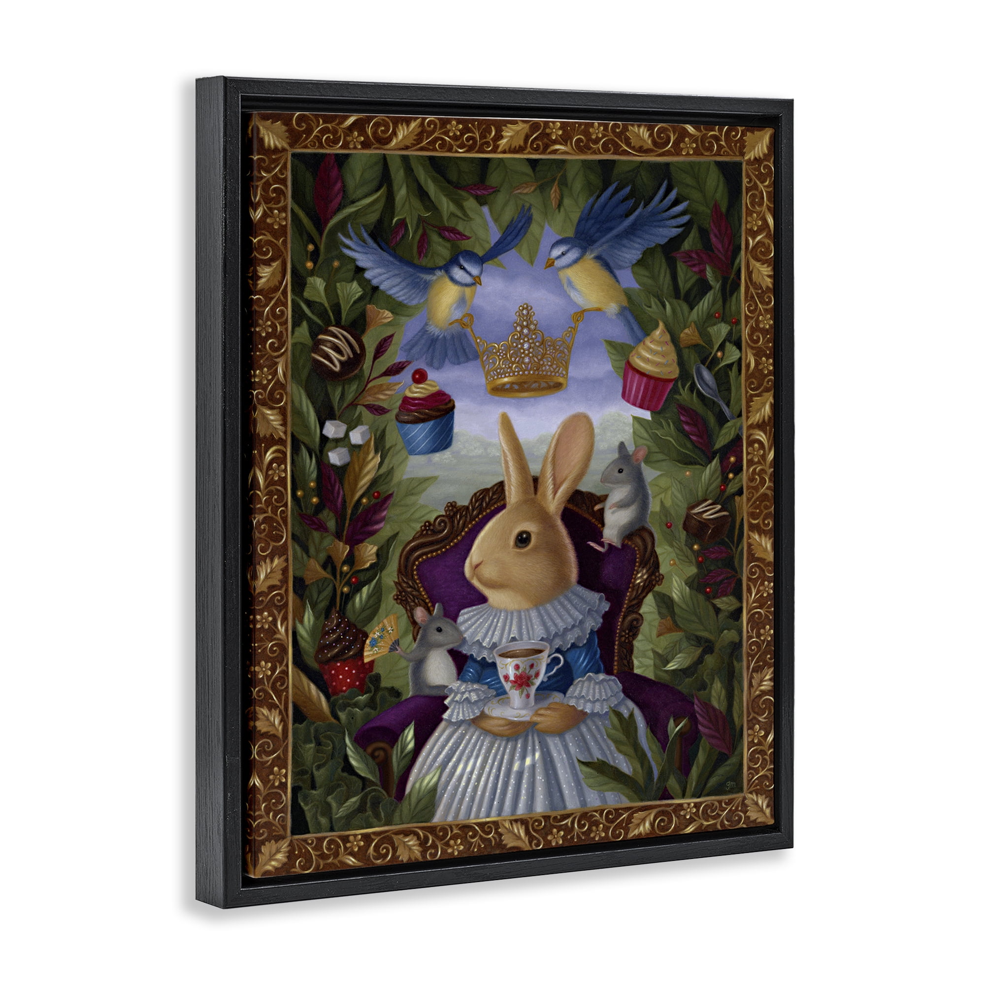 Stupell Industries Classic Rabbit Tea Party Landscape & Nature Painting Black Floater Framed Canvas Art Print Wall Art, 17 x 21