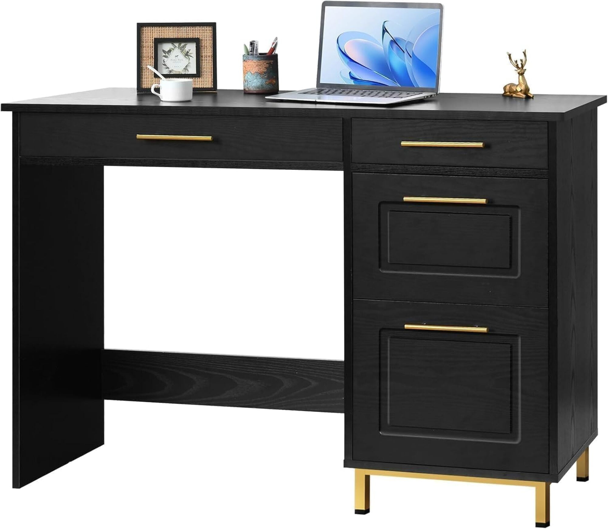 4 EVER WINNER 43" Black & Gold Desk with 4 Storage Drawers & Shelves, Luxury Multi-Functional Computer Desk for Home Office