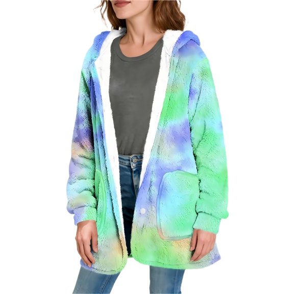 RRMuAzgs Fleece Jacket Women Printed Button Down Long Sleeve Cardigan 2025 Fall Winter Hooded Outfits Clothes with Pockets