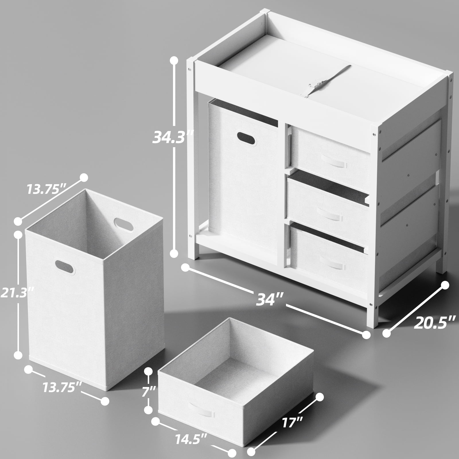 GLAF Baby Changing Table for Nursery - Diaper Changing Station with Laundry Hamper, 3 Storage Drawers, Changing Pad, and Safety Belt, White