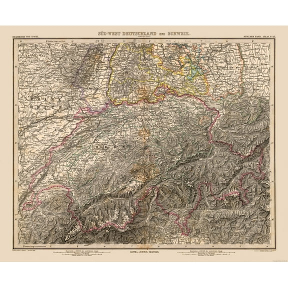 Historic Map - Germany Southwest Switzerland - Stieler 1885 - Vintage Wall Art