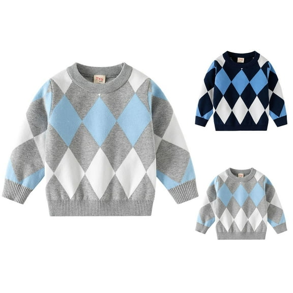 MKOSPLRT Kids Argyle Preppy Sweaters 1-8Y Boys Crew Neck Color Block Palid Pullover Long Sleeve Warm Knit Sweaters Fall Sweatshirts