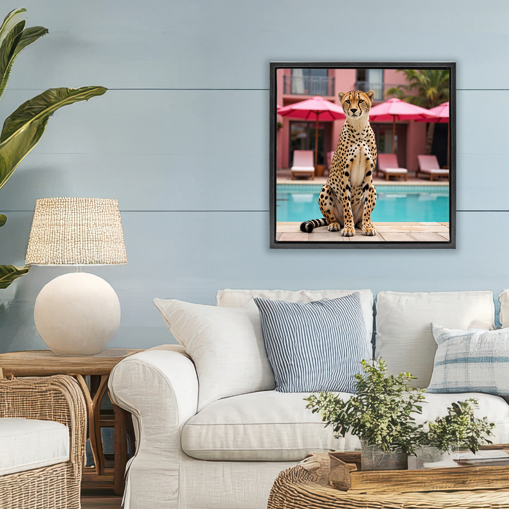 Cheetah Posed at Poolside Black Framed Floater Canvas Wall Art, design by Lettered and Lined