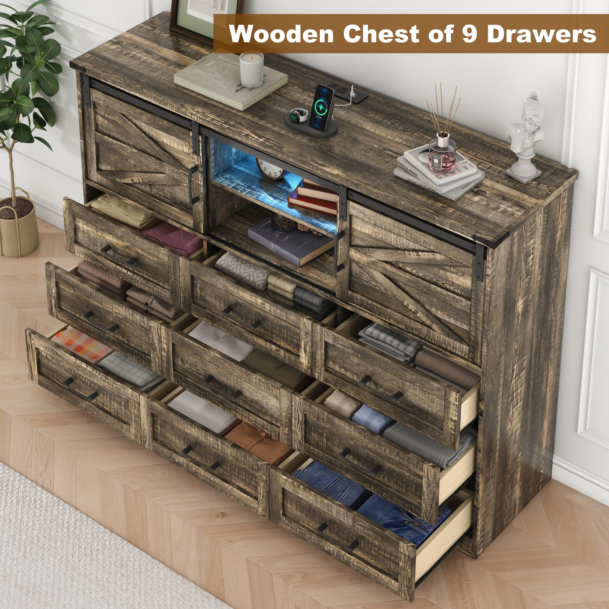 ChVans 63'' Farmhouse Dresser with LED Light & Power Outlet, 9 Drawers, 2 Sliding Doors, 2 Storage layers, Rustic Dresser TV Stand for 70in TV, Wood Storage Cabinet for Bedroom, Living Room, Hallway