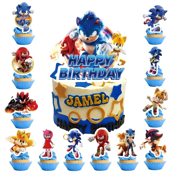 Sonic Cake Decorations,25pcs Sonic Cake Toppers Set Includes 1 Sonic Birthday Cake Topper & 24 Sonic Cupcake Topper, for Boys/Girls Kids Sonic Birthday Decorations Supplies