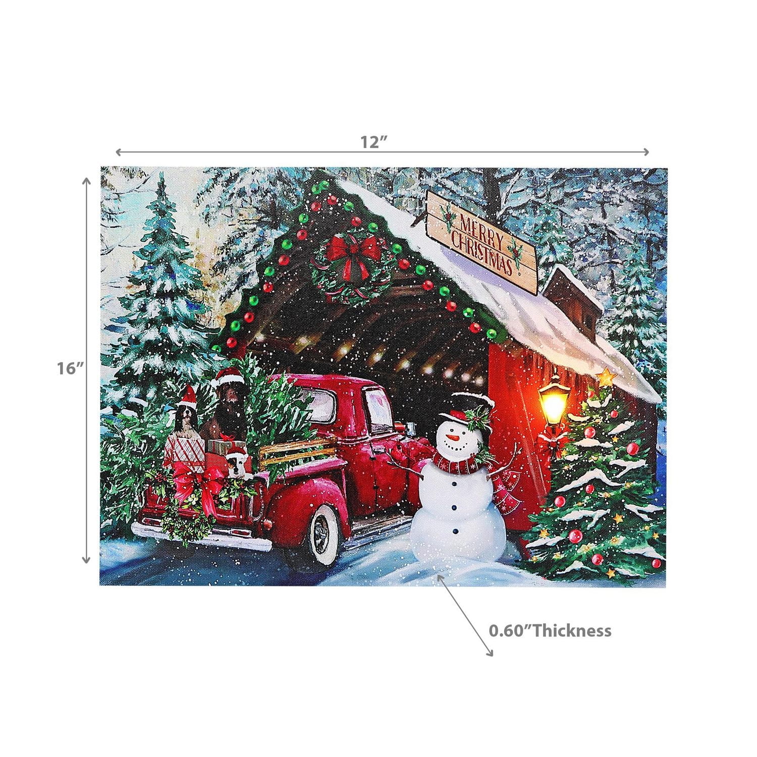 Christmas Led Canvas Wall Art Red Car With Snowman 12X16
