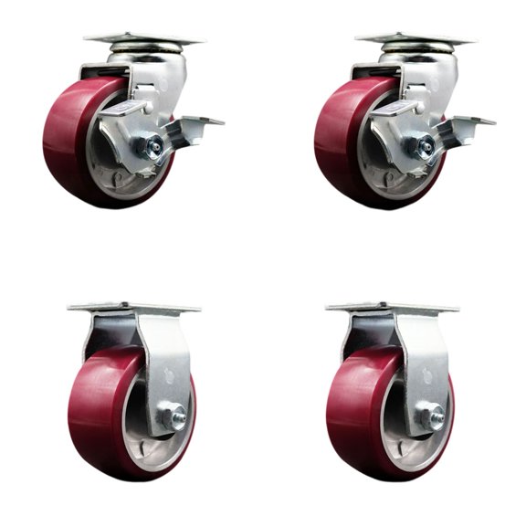 4 Inch Poly on Aluminum Caster Set with Roller Bearings 2 Brakes 2 Rigid SCC