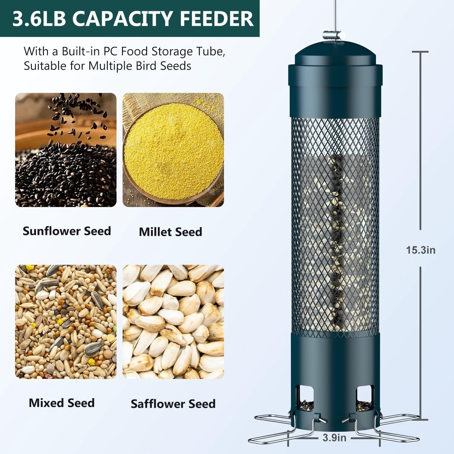 Bird Feeders for Outdoors Squirrel Proof with Weight-Activated Perches, Hanging Bird Feeder for Outside, Metal Feeder for Wild Cardinal, Finch, Blue Jay, Chickadee, 3.6LB Seed Capacity, Black