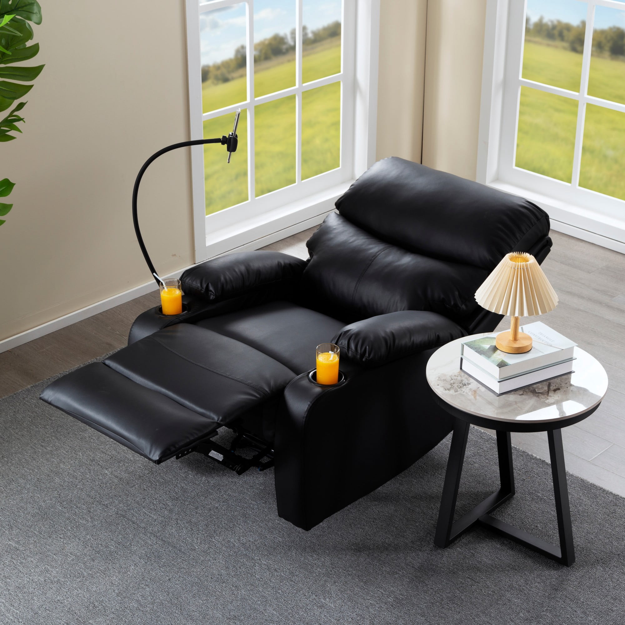 Gewnee Black PU Manual Recliner - Solid Wood & Metal Frame, Foam Cushion with Phone/Cup Holders for Home Office