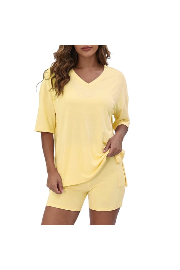 2 Piece Lounge Set for Women Oversized Tshirts with Shorts Casual Tops V Neck Summer Outfits