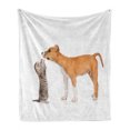 thumbnail image 1 of Dog Soft Flannel Fleece Throw Blanket, Kitten Playing with Stafford Puppy Animal Friendship Domestic Pet Lover Print, Cozy Plush for Indoor and Outdoor Use, 60" x 80", Oange Brown White, by Ambesonne, 1 of 6