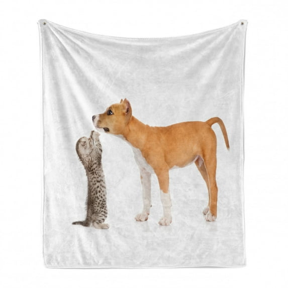Dog Soft Flannel Fleece Throw Blanket, Kitten Playing with Stafford Puppy Animal Friendship Domestic Pet Lover Print, Cozy Plush for Indoor and Outdoor Use, 60" x 80", Oange Brown White, by Ambesonne
