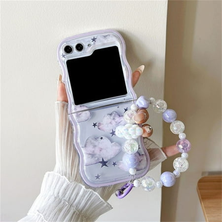 Frusde for Samsung Galaxy Z Flip 5 Clear Cute Case with Chain Lanyard Transparent Slim Case for Women Girls-A