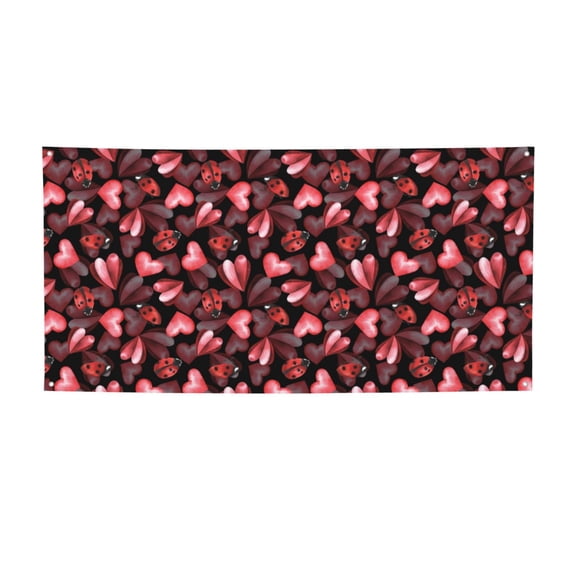 Picia Ladybugs and Red Hearts Pattern Party Banner, Festive Decoration, Holiday Banner, Celebration Decor, Event Banner, Reusable Party Banner-Small
