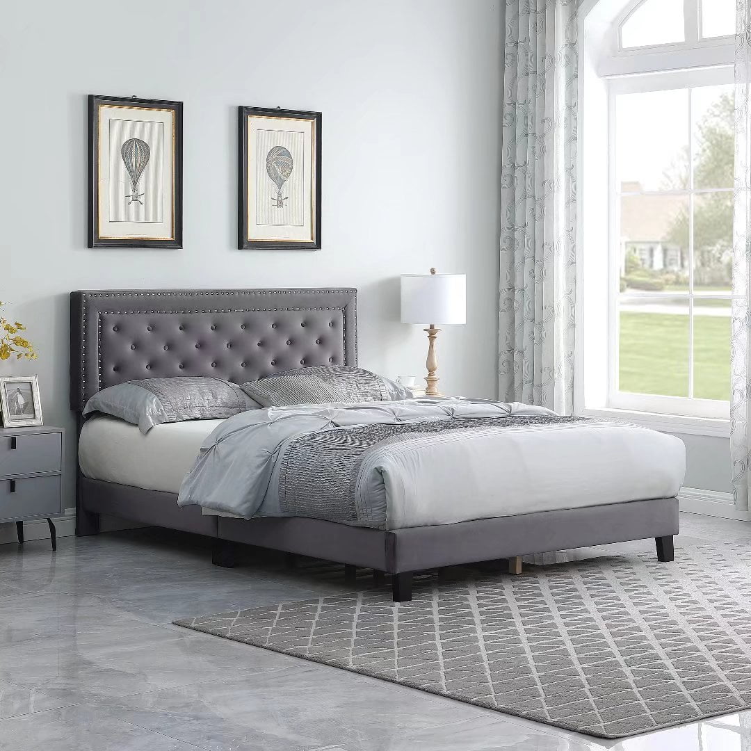Morden Fort Full Size Bed Frame with Upholstered Headboard Gray