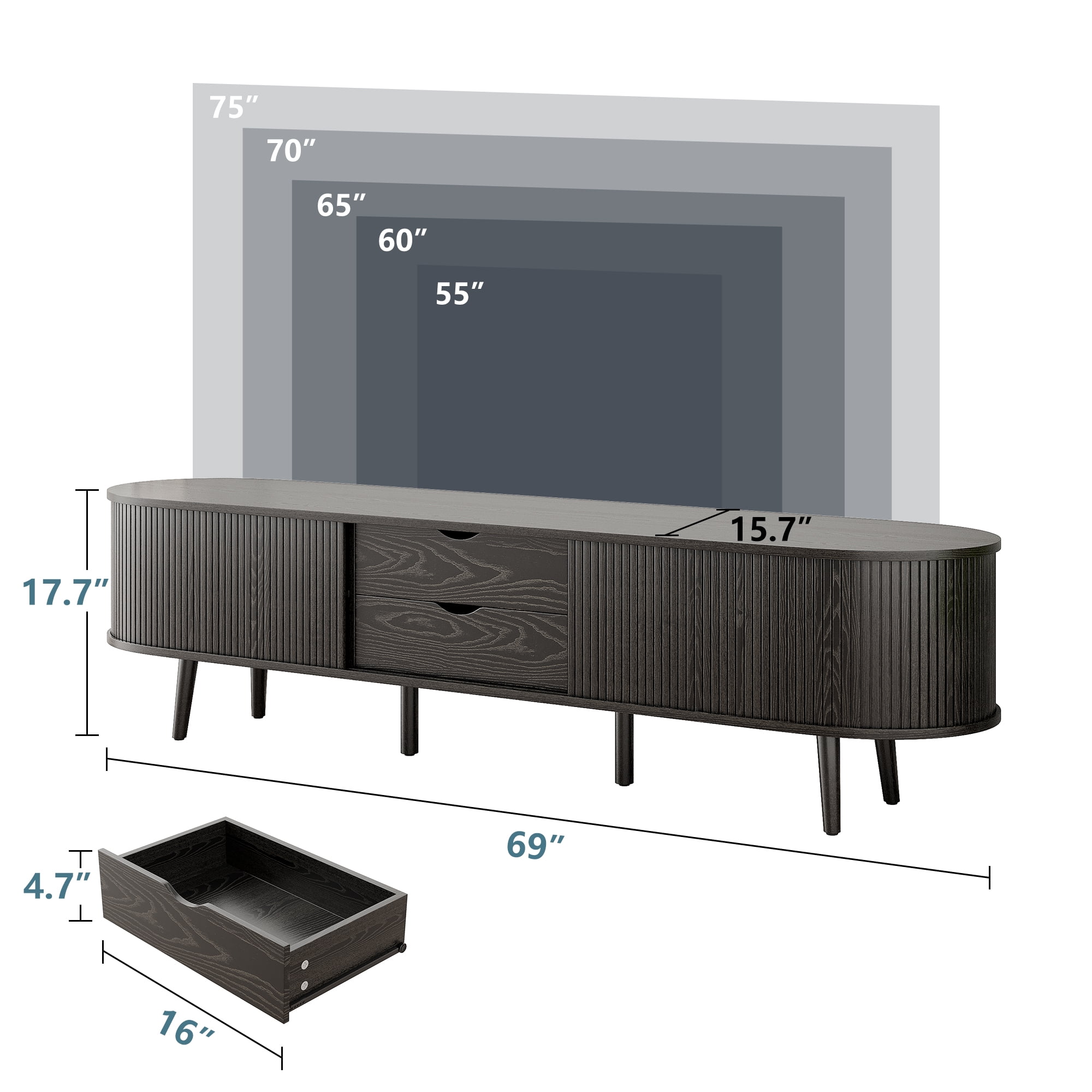 69" TV Stand with Charging Station and Drawers fit 65"- 75" TVs. Mid century Modern TV Stand, Wood Entertainment Center for Living Room and Bedroom, Media Console and Modern TV Console Table ,Black