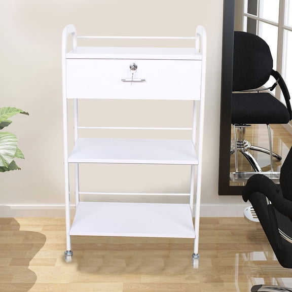 3-tier Rolling Kitchen Cart Serving Trolley Stainless Steel Utility Shelf White 3 Shelf Utility Esthetician Beauty Treatment Trolley Cart with Wheels&Drawer