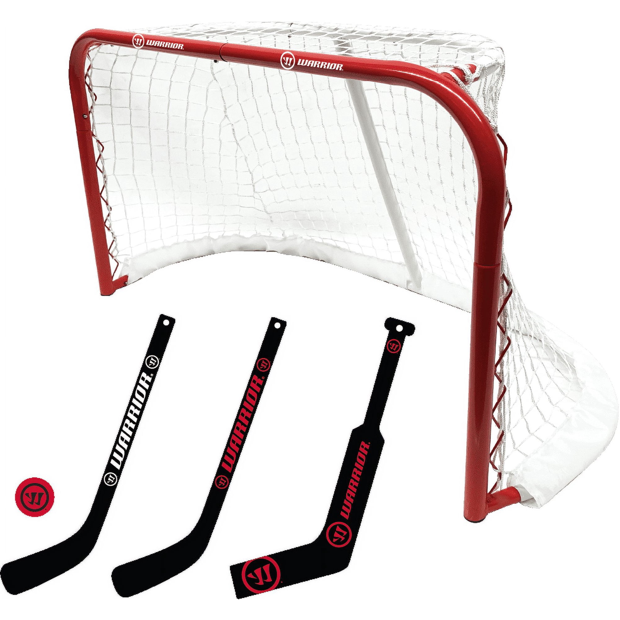 Warrior Pro Mini Metal Hockey Goal Combo Set - 30" Net, 2 Mini Player, 1 Mini Goalie Stick and Ball