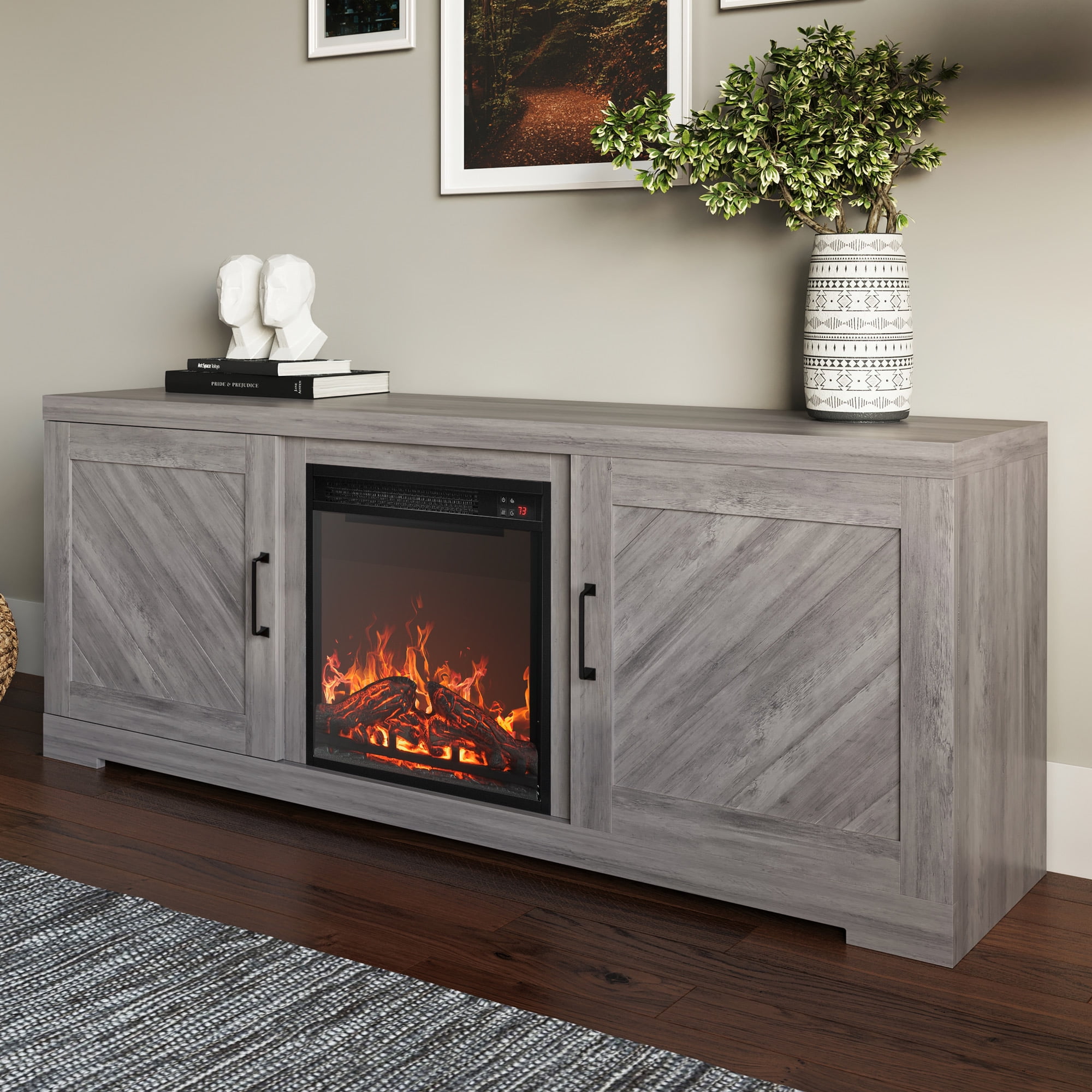BELLEZE 58" Farmhouse TV Stand Media Entertainment Center For TVs up to 65" with 18" Fireplace - Hilo (Gray Wash)