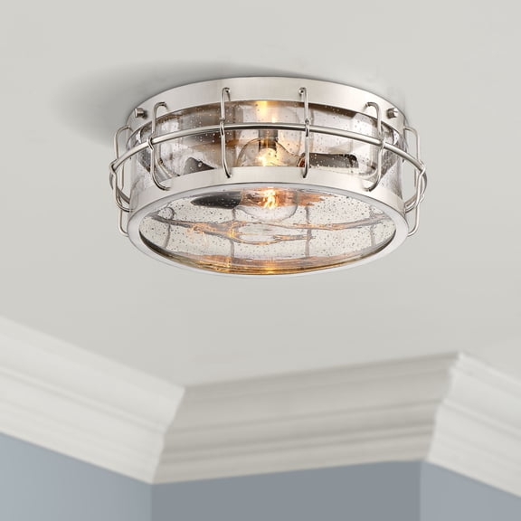 Possini Euro Design Aya Modern Industrial Ceiling Light Flush Mount Fixture 13 1/4" Wide Satin Nickel 2-Light Cage Clear Seeded Glass for Bedroom Home