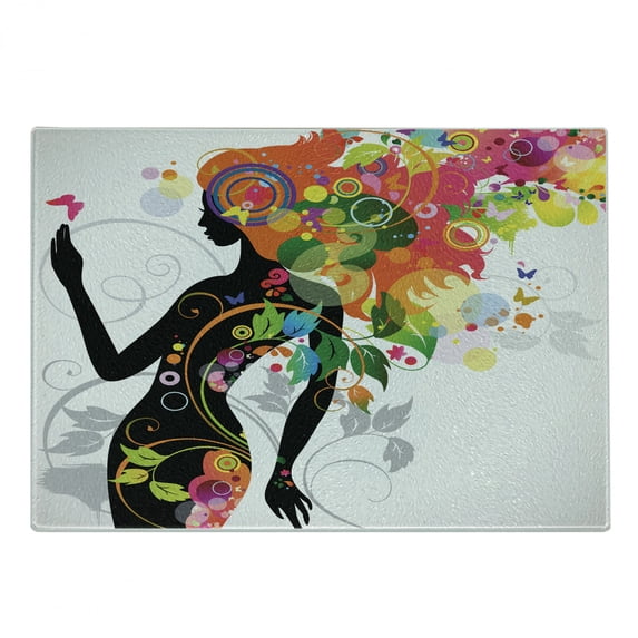 Colorful Cutting Board, Madame Butterfly Modern Version Spring Spiral Circles Leaf Botany Girl Print, Decorative Tempered Glass Cutting and Serving Board, Small Size, Multicolor, by Ambesonne