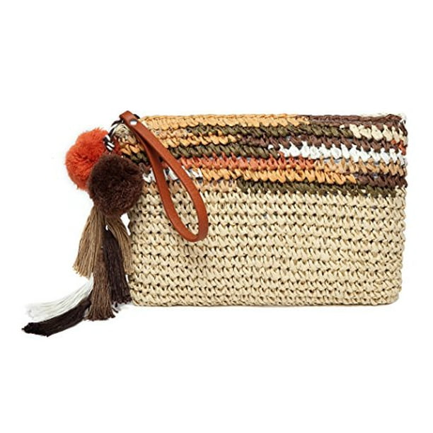 Daisy Rose - Daisy Rose Colorful Clutch- Straw Handbag with Vegan Leather Handles and Pom Poms ...