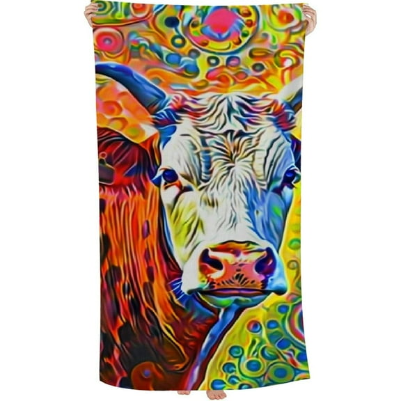 PHYHOO Microfiber Funny Cow Beach Towels Colorful Highland Cow Cattle Bull Art Bath Towels for Men Women Kids, Soft Lightweight Sand Free Bathroom Travel Swim Pool Towel, Oversized 30x60in
