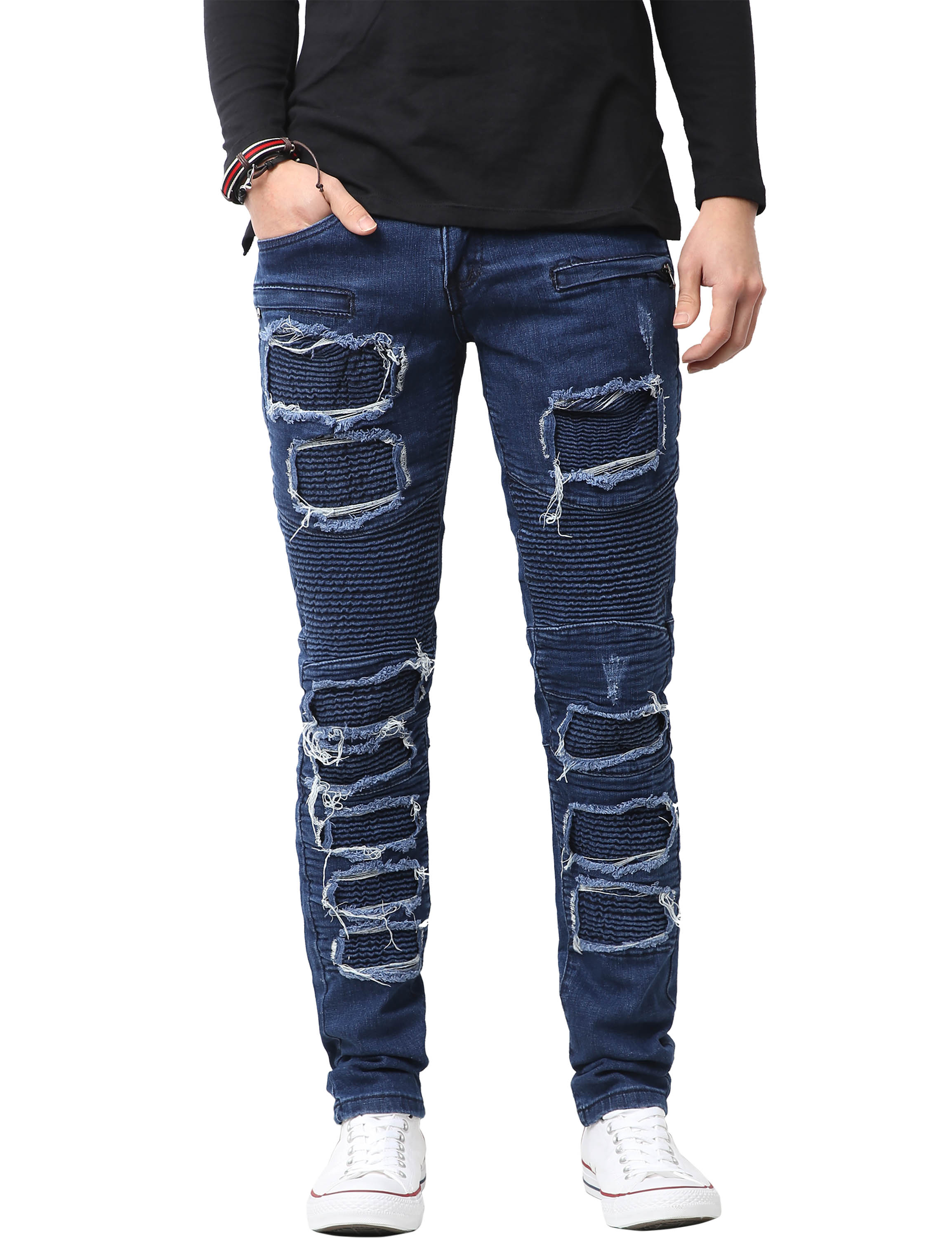 Ma Croix Mens Biker Jeans Distressed Ripped Zipper Straight Slim Fit Stretch Denim Pants - image 2 of 5