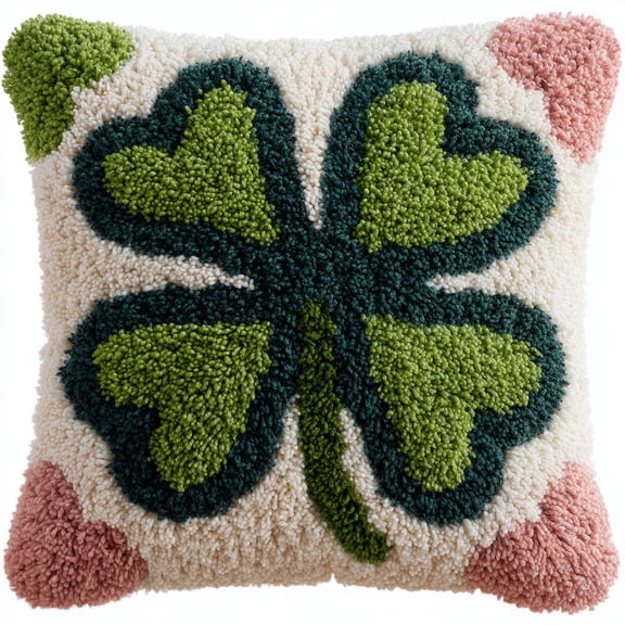 Latch Hook Pillowcase Kits Green four-leaf clover Printed Canvas Cushion Latch Hook Pillow Kits 17x17inch