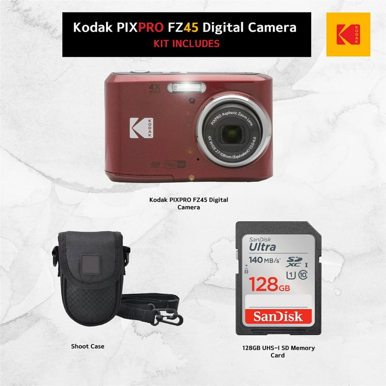 Kodak PIXPRO FZ45 Red Camera with 128GB SDXC Card, Case, 4x Kodak PIXPRO FZ45 Red Camera with 128GB SDXC Card, Case, 4x