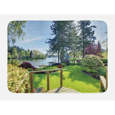 Nature Bath Mat, Sunny Spring Season Day Pier View in Countryside Rural Cottage Theme Nature Image, Non-Slip Plush Mat Bathroom Kitchen Laundry Room Decor, 29.5 X 17.5 Inches, Multicolor, Ambesonne