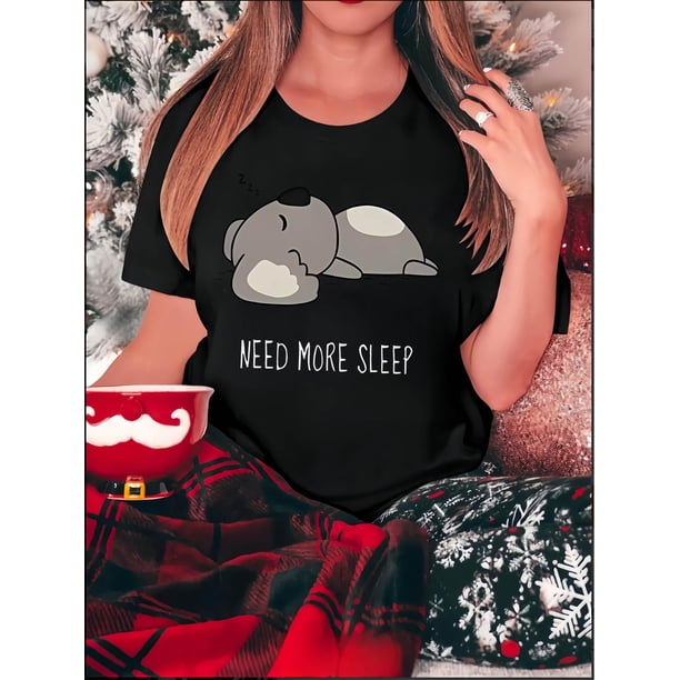 Camisetas para mujer Verano manga corta Tops para DeportesCreative English Raccoon Sleep Pattern Printed Women'S Trendy Round Neck Short Sleeve, Simple Casual Sports T-Shirt, Comfortable Summer Top